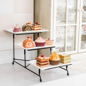 3-Tier Plastic Serving Tray Dessert Server Display Serving Stand Dinnerware with 3 Rectangular Plastic Serving Platters Metal Stand for Entertain