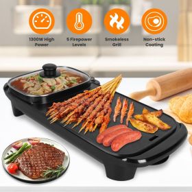 2 In 1 1300W Electric Hot Pot with Grill Smokeless Non-Stick Korean BBQ Grill Shabu Shabu Hot Pot with 5 Firepower Levels for 2-6 People