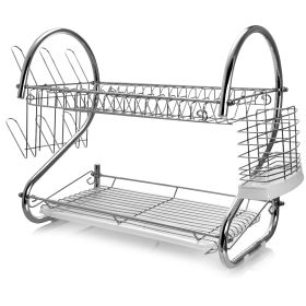 MegaChef 16 Inch Two Shelf Dish Rack with Easily Removable Draining Tray, 6 Cup Hangers and Removable Utensil Holder