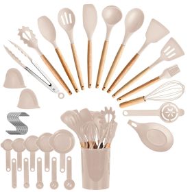 35Pcs Kitchen Cooking Utensils Set Spatula Set Baking Utensil Set Kitchen Accessories Necessities with Holder Egg Whisk Separator Tong Turner Spo (Color: khaki)