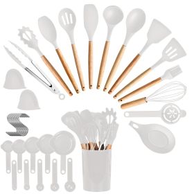 35Pcs Kitchen Cooking Utensils Set Spatula Set Baking Utensil Set Kitchen Accessories Necessities with Holder Egg Whisk Separator Tong Turner Spo (Color: White)